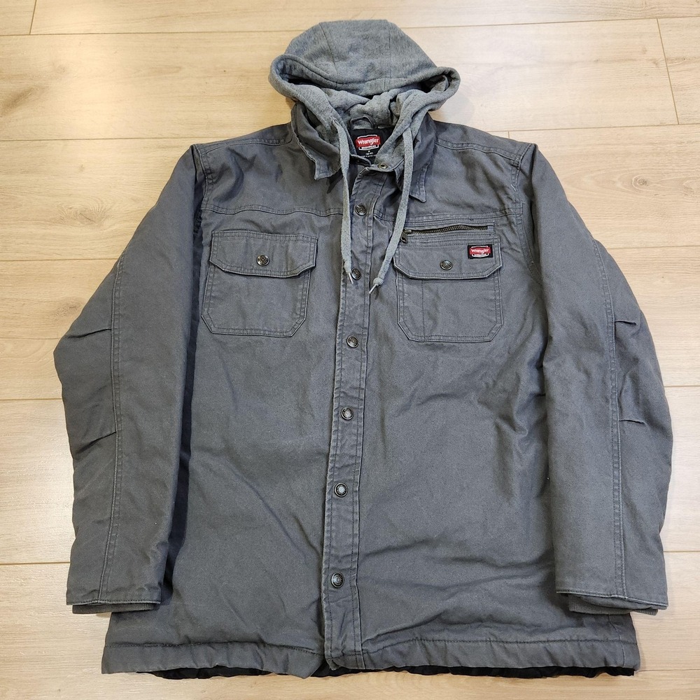 Wrangler Workwear Jacket Mens Medium Gray Hooded Canvas Insulated Lined Parka